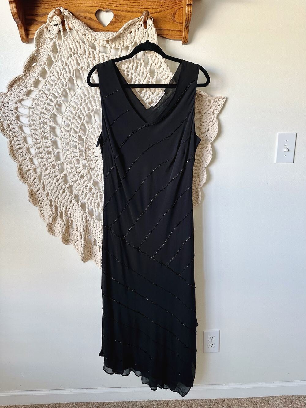 Elena Miro Vintage Y2K Black Bias Cut Silk Beaded Maxi Dress L/XL
